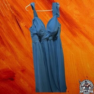 Azazie Bridesmaid Dress Blue Size A20 Custom Floor Length V Neck A-Line